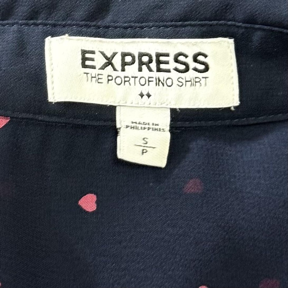Express Portofino Shirt Women's Small Blue Pink Hearts Button Front Sheer Top - Picture 5 of 8